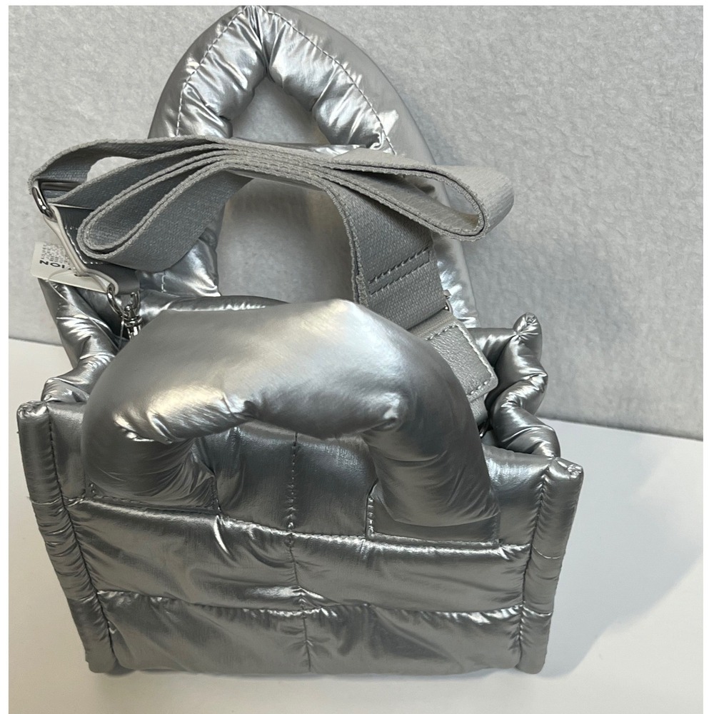 GU Women Metallic Silver Puffy Mini Shoulder Bag Quilted Puffer Crossbody NEW - Picture 9 of 10